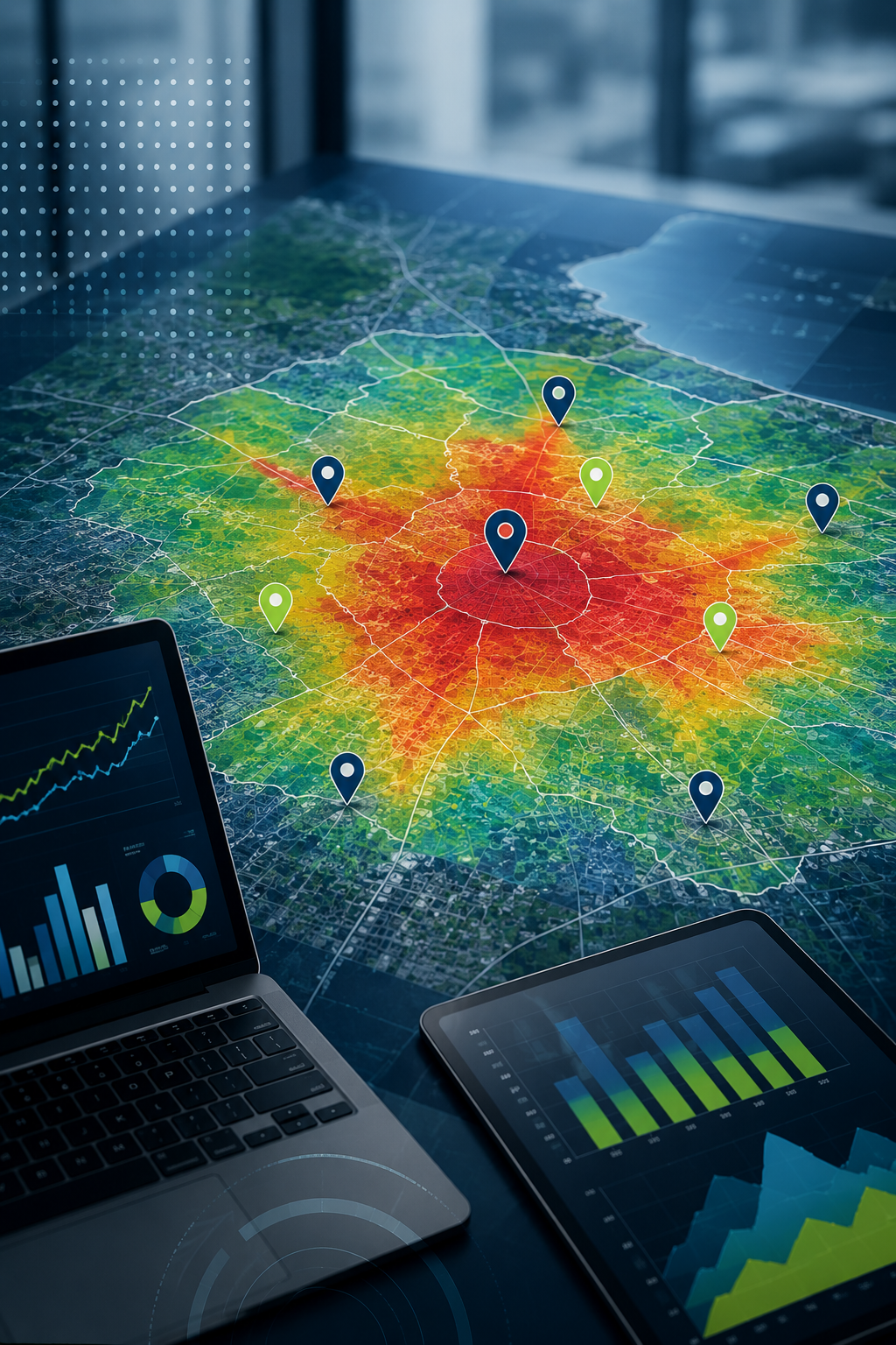 Mapa de calor geoespacial con análisis territorial, datos de mercado y evaluación de ubicaciones estratégicas para expansión comercial
